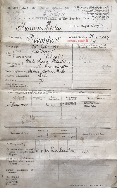Thomas Melia WW1 discharge papers_1