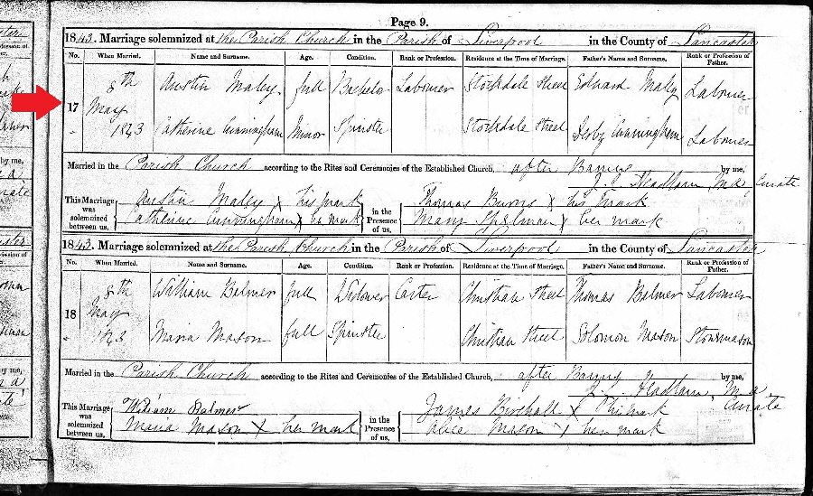 1843 Marriage Austin Maley & Catherine Cunningham Stockdale Street