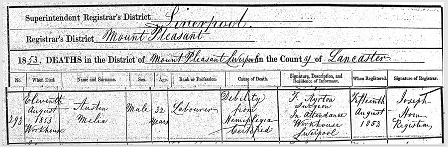 Austin Melia 1853 death record